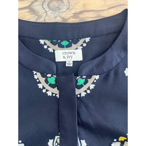 Crown and Ivy Shift Dress Womens 14 Navy Print Ruffle Sleeve Lined - Picture 5 of 8